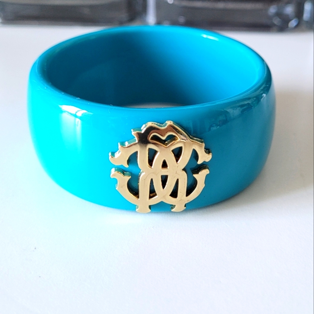 Roberto Cavalli Teal Blue Logo Wide Chunky Bangle Bracelet